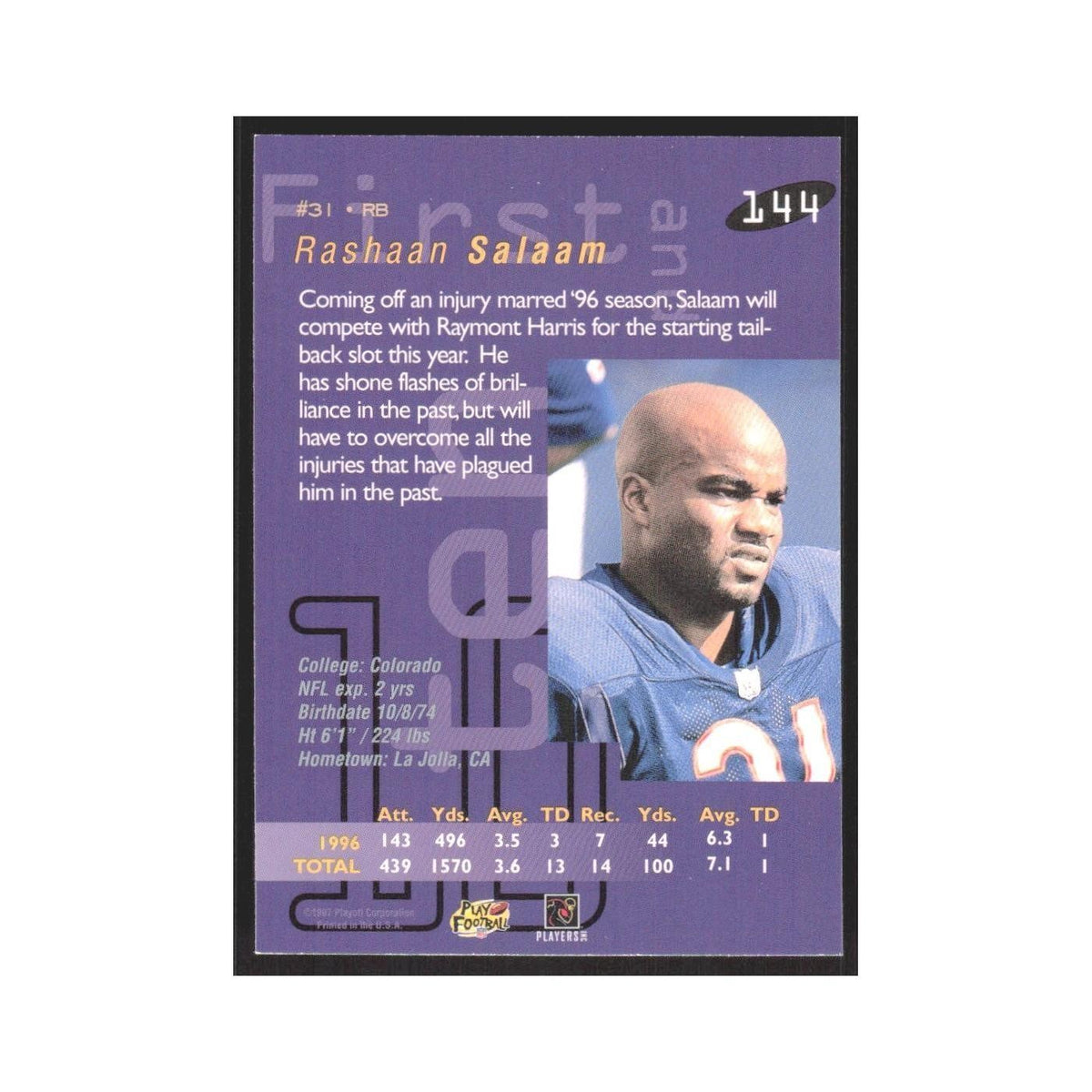 1997 Playoff First & Ten Rashaan Salaam Bears #144
