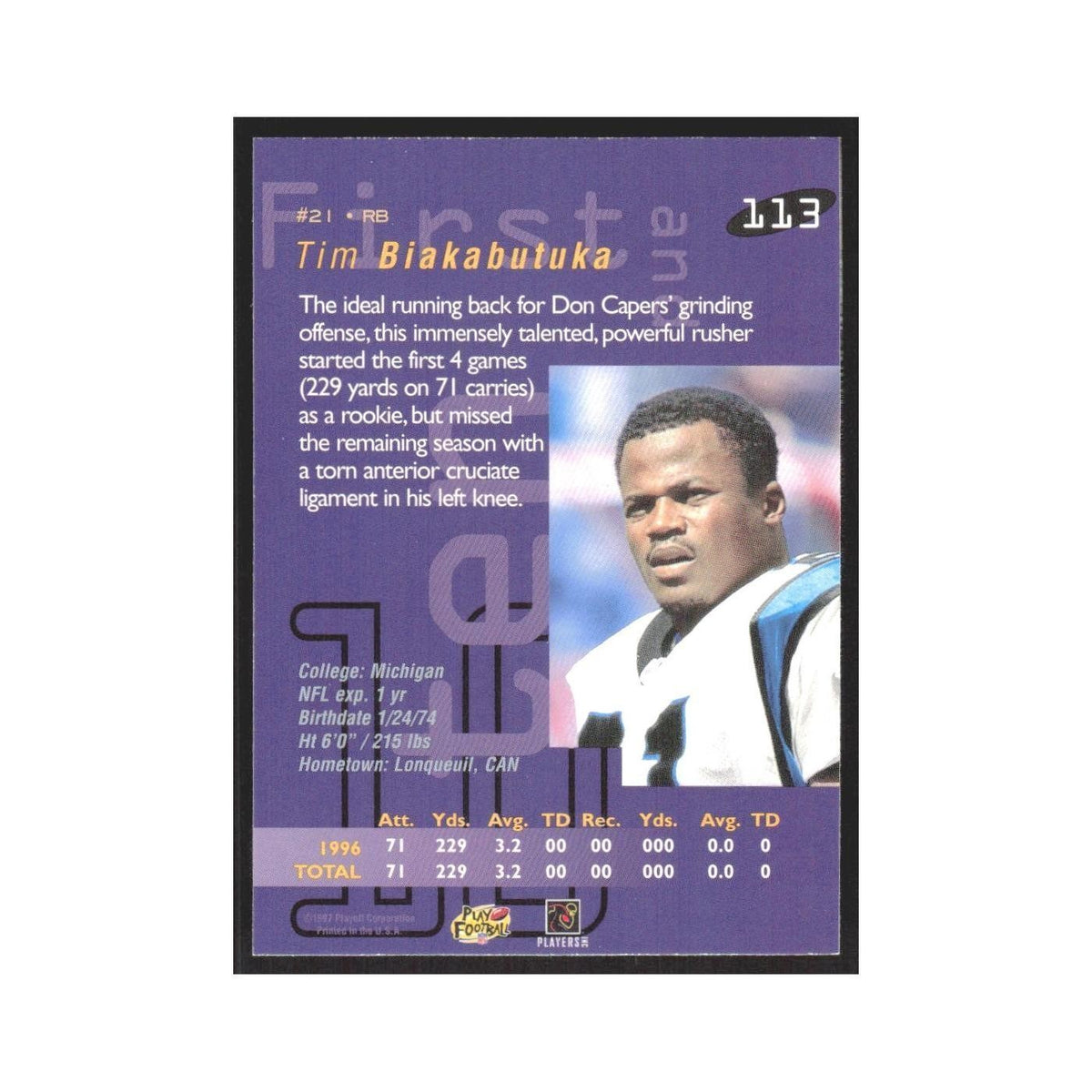 1997 Playoff First & Ten Tim Biakabutuka Panthers #113