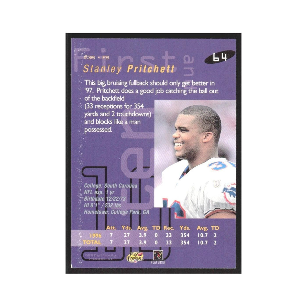 1997 Playoff First & Ten Stanley Pritchett Dolphins #64