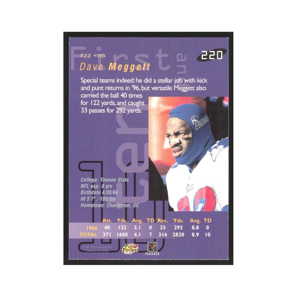 1997 Playoff First & Ten Dave Meggett Patriots #220