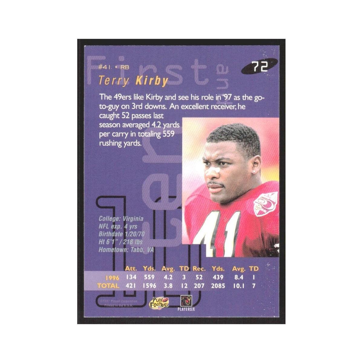1997 Playoff First & Ten Terry Kirby 49ers #72
