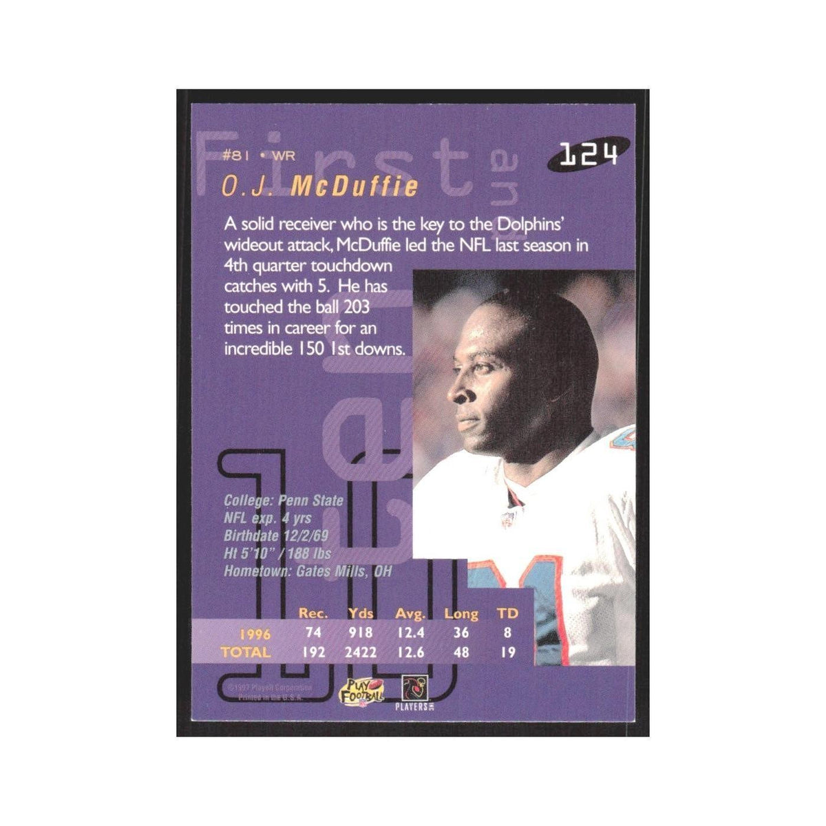 1997 Playoff First & Ten O.J. McDuffie Dolphins #124