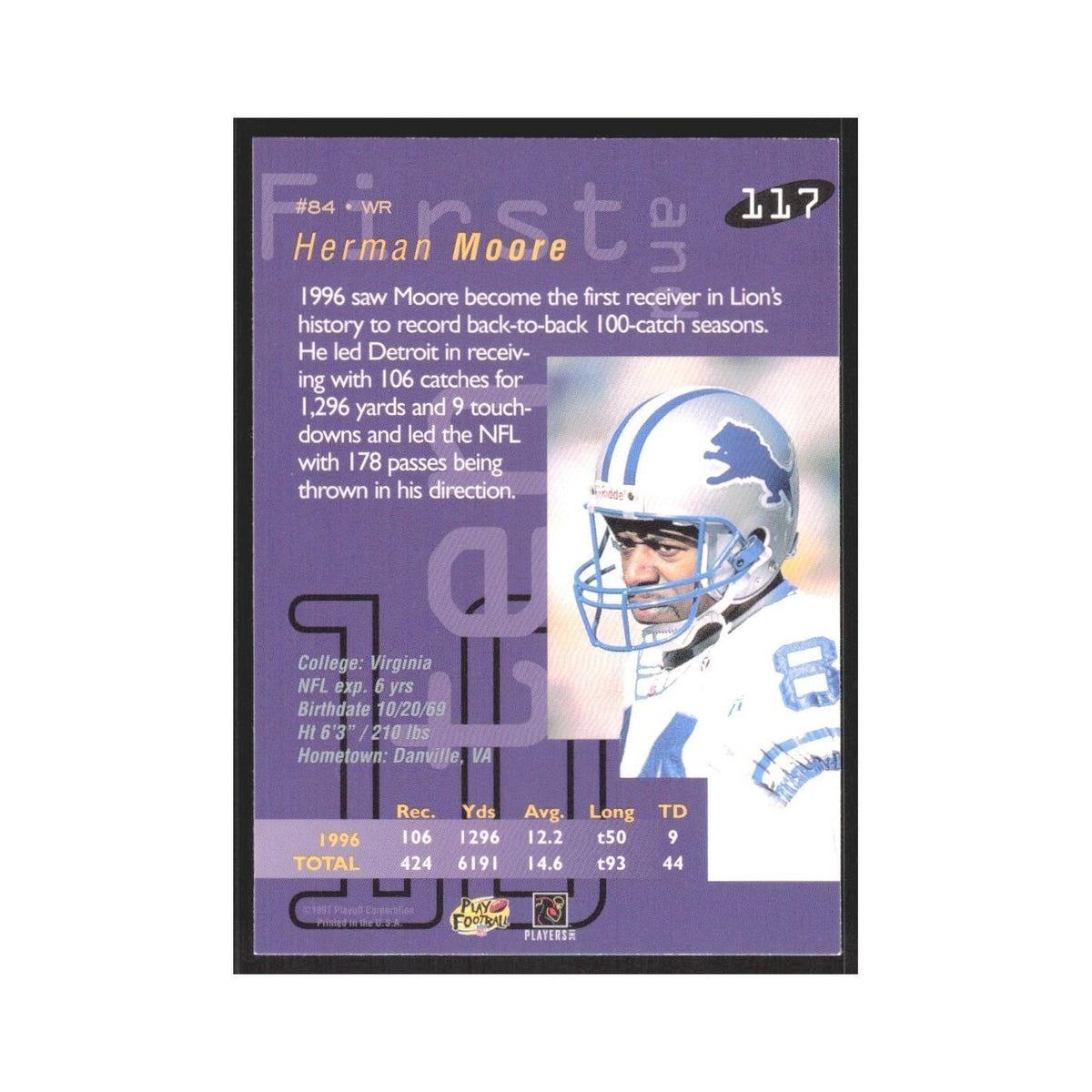 1997 Playoff First & Ten Herman Moore Lions #117