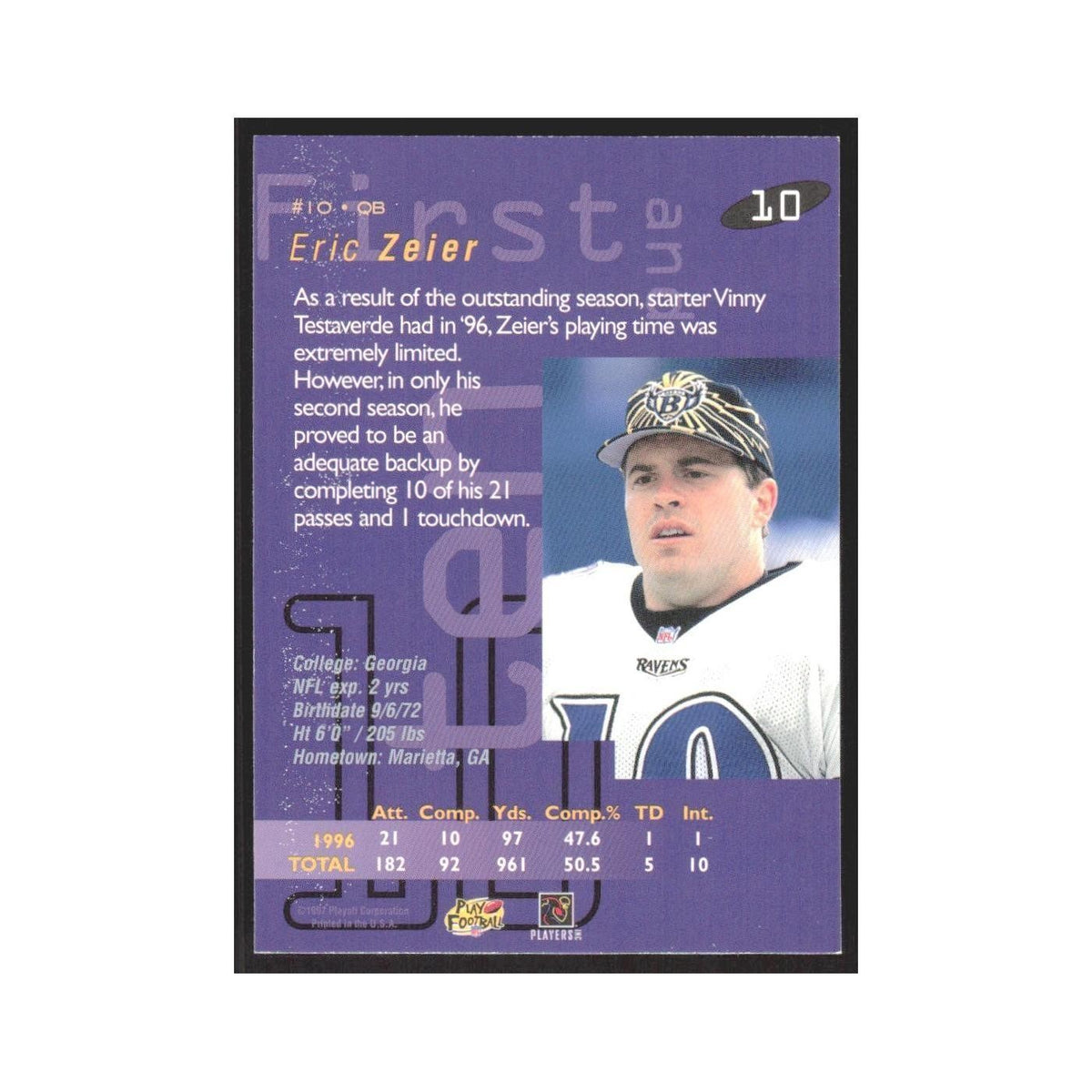 1997 Playoff First & Ten Eric Zeier Ravens #10