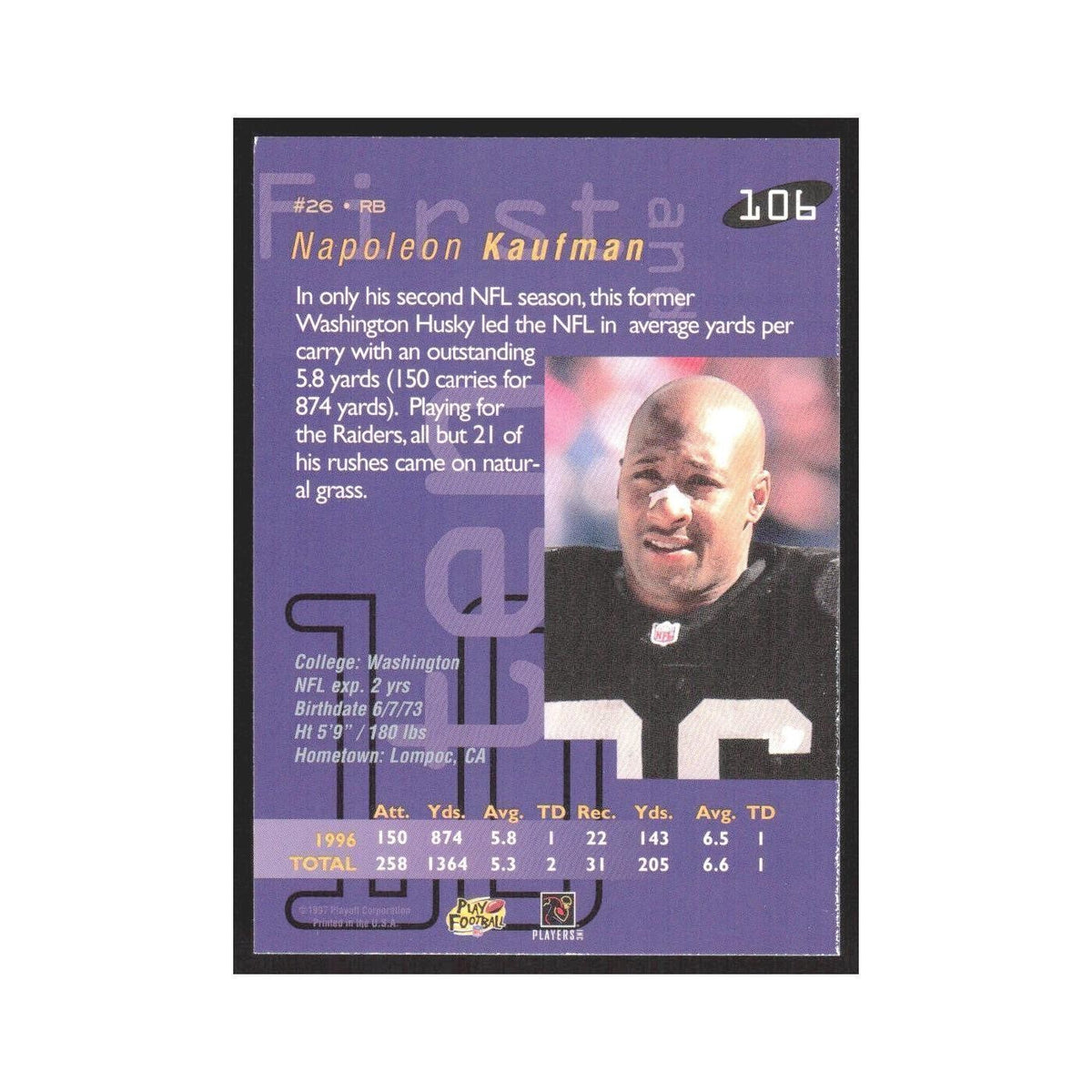 1997 Playoff First & Ten Napoleon Kaufman Raiders #106