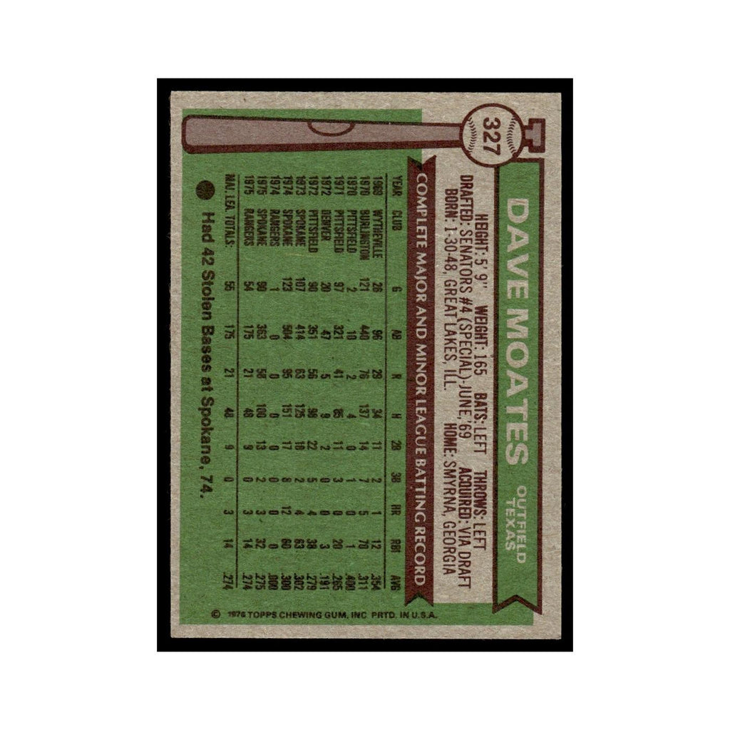 Dave Moates Rookie 1976 Topps #327 Texas Rangers Baseball Card EX