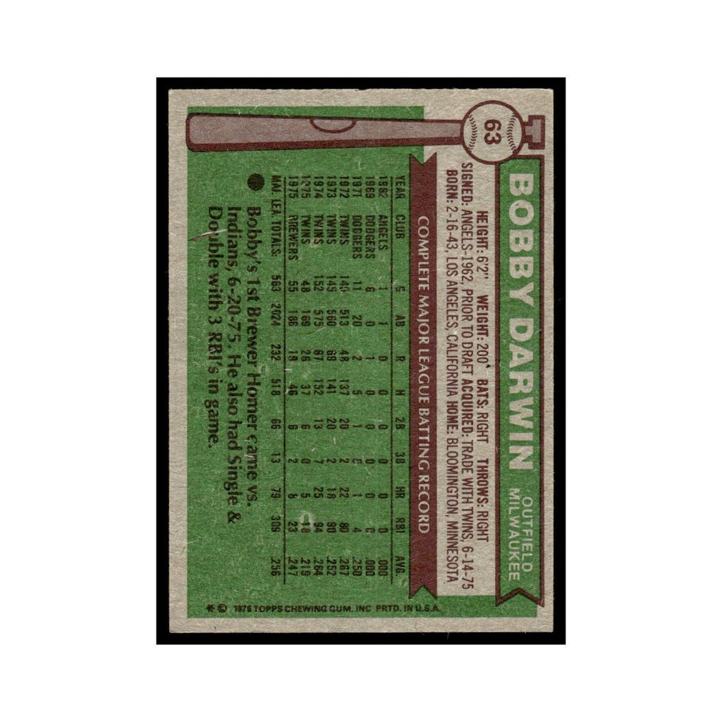 Bobby Darwin 1976 Topps #63 Milwaukee Brewers Baseball Card EX