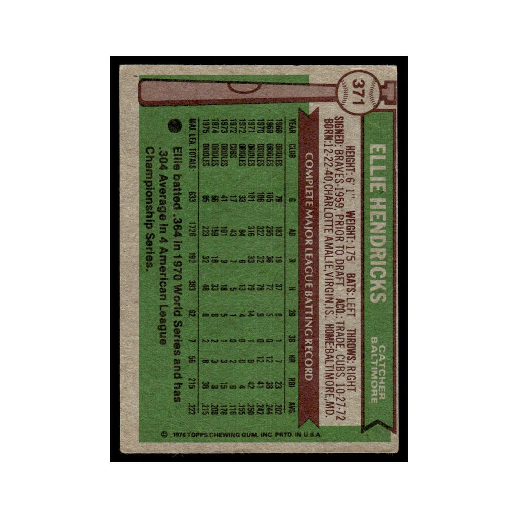 Ellie Hendricks 1976 Topps #371 Baltimore Orioles Baseball Card EX