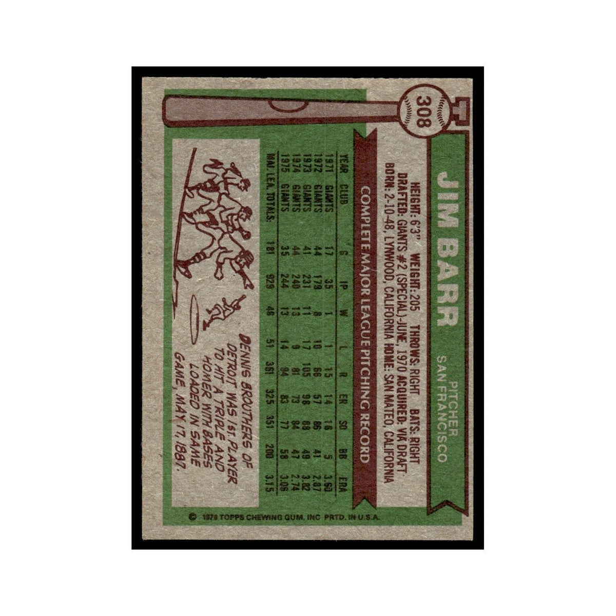 Jim Barr 1976 Topps #308 San Francisco Giants Baseball Card EX
