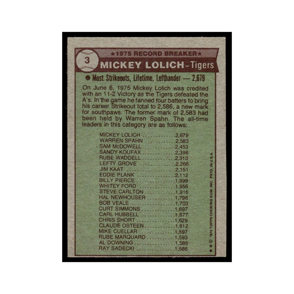 Mickey Lolich 1976 Topps #3 Detroit Tigers Baseball Card EX