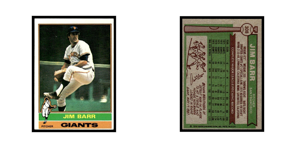 Jim Barr 1976 Topps #308 San Francisco Giants Baseball Card EX