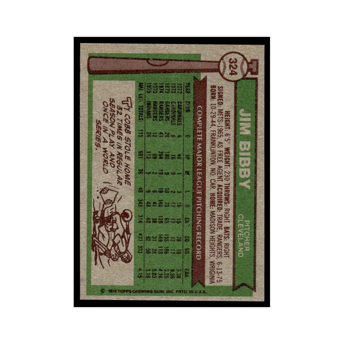 Jim Bibby 1976 Topps #324 Cleveland Indians Baseball Card EX