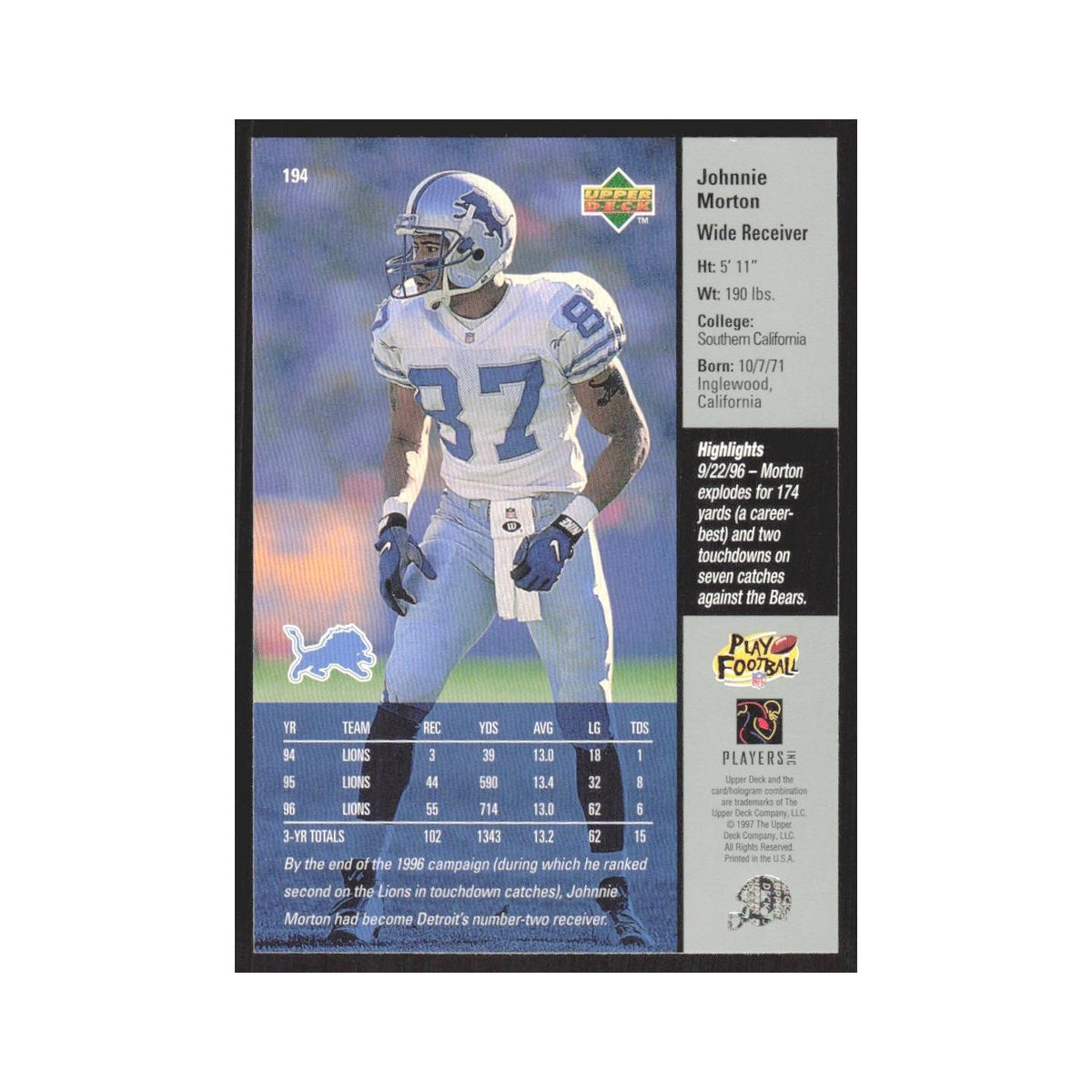1997 Upper Deck Johnnie Morton Lions #194