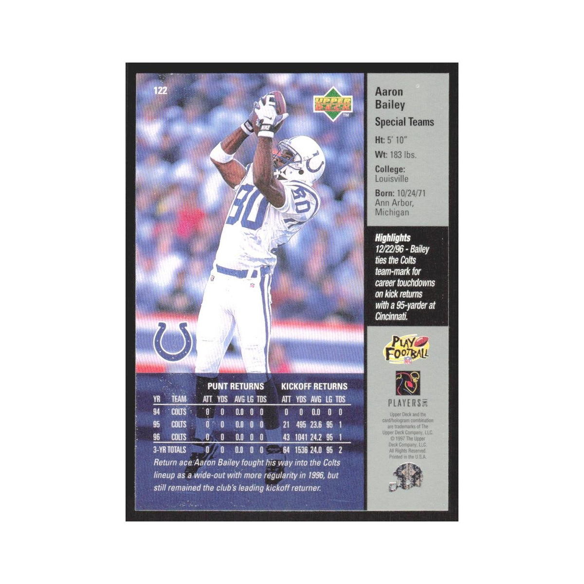 1997 Upper Deck Aaron Bailey Colts #122