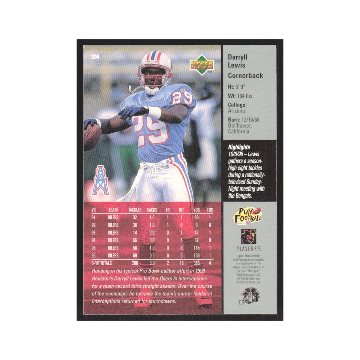 1997 Upper Deck Darryll Lewis Houston Oilers #204