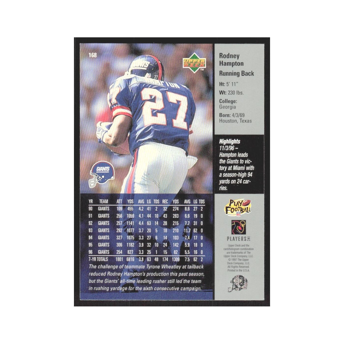 1997 Upper Deck Rodney Hampton Giants #168