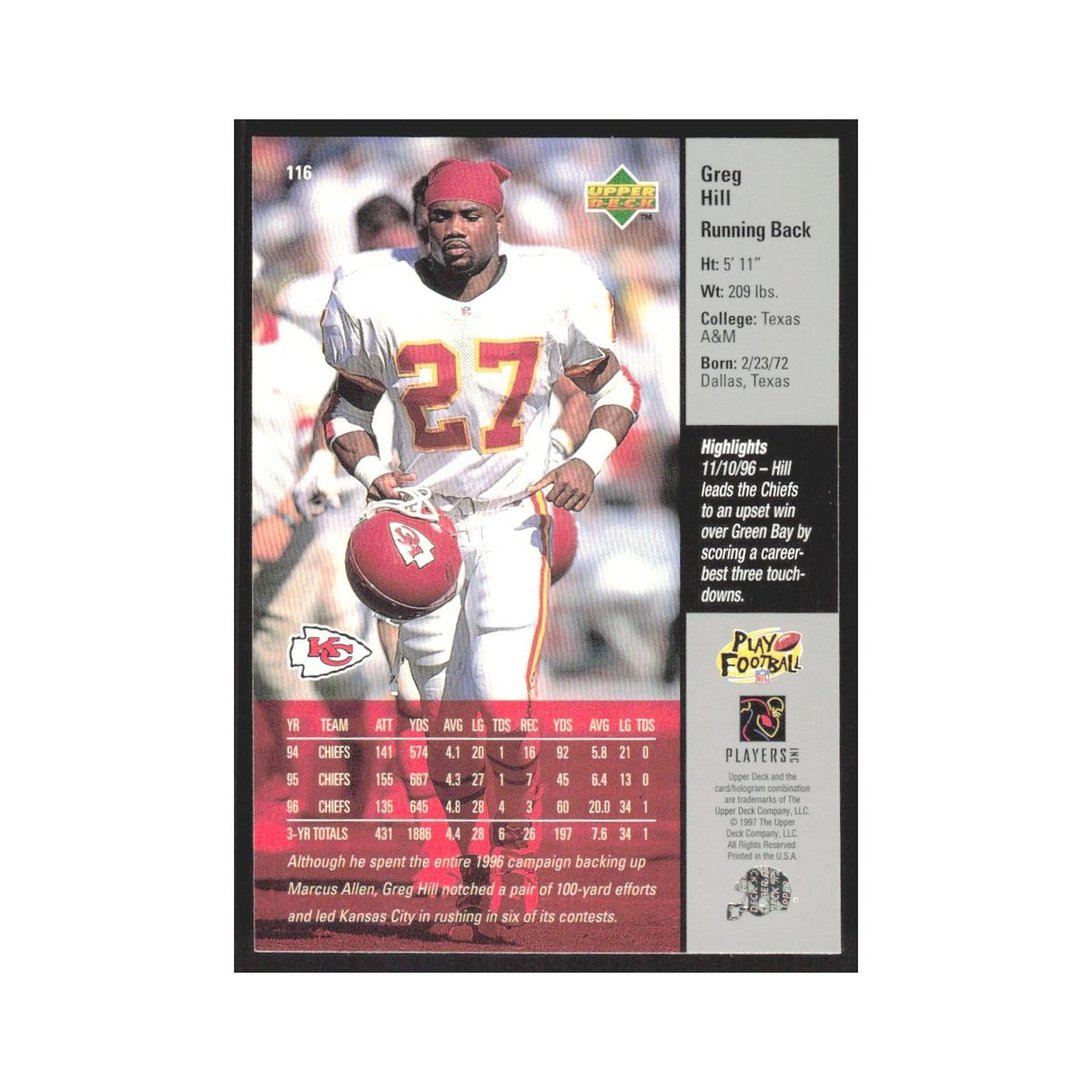 1997 Upper Deck Greg Hill Chiefs #116
