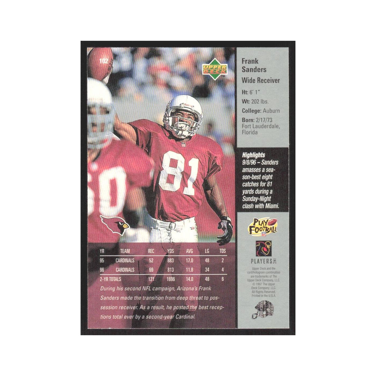 1997 Upper Deck Frank Sanders Cardinals #102
