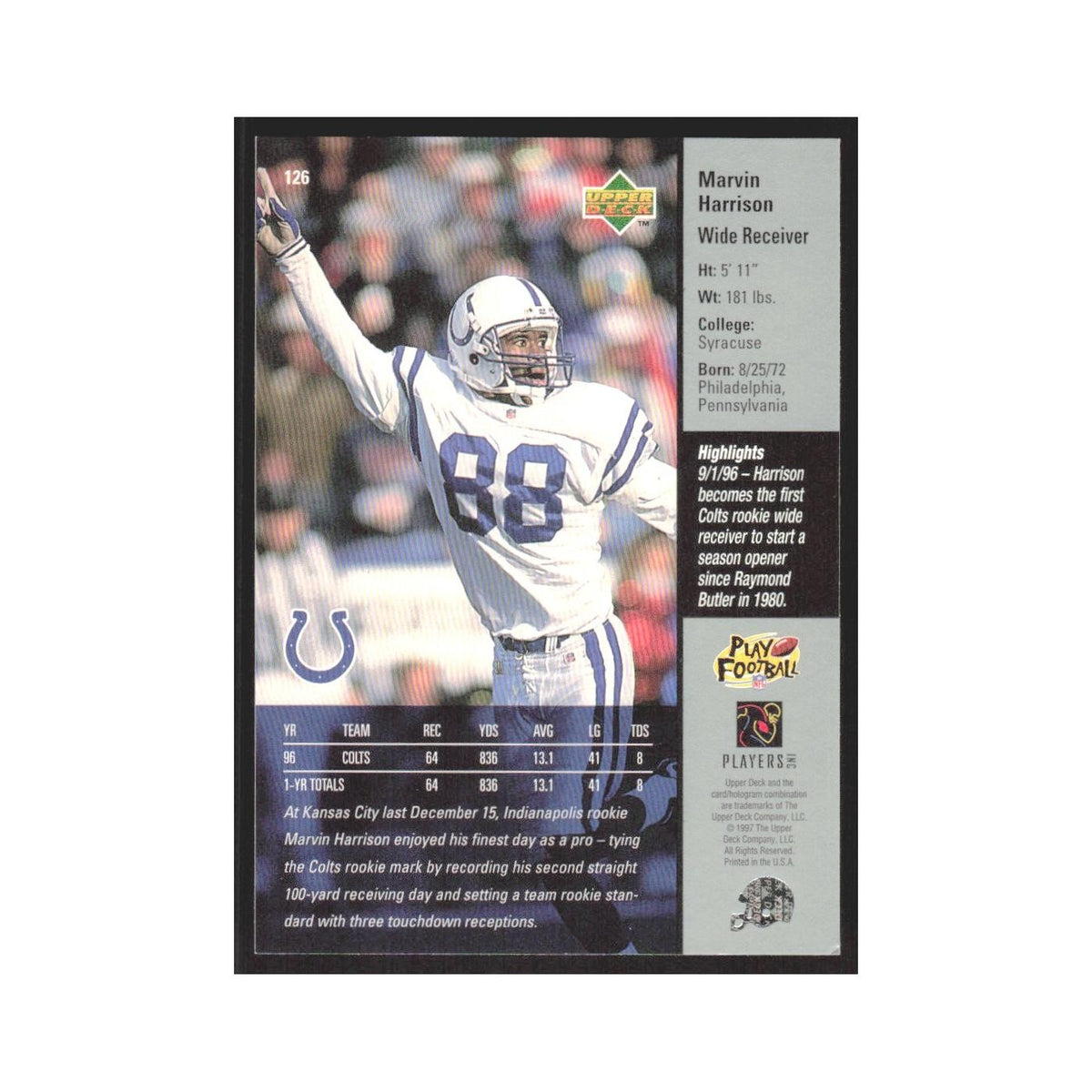 1997 Upper Deck Marvin Harrison Colts #126