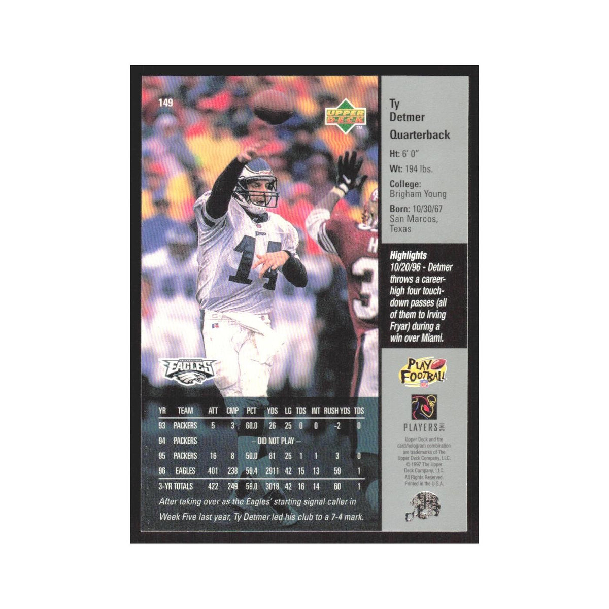 1997 Upper Deck Ty Detmer Eagles #149