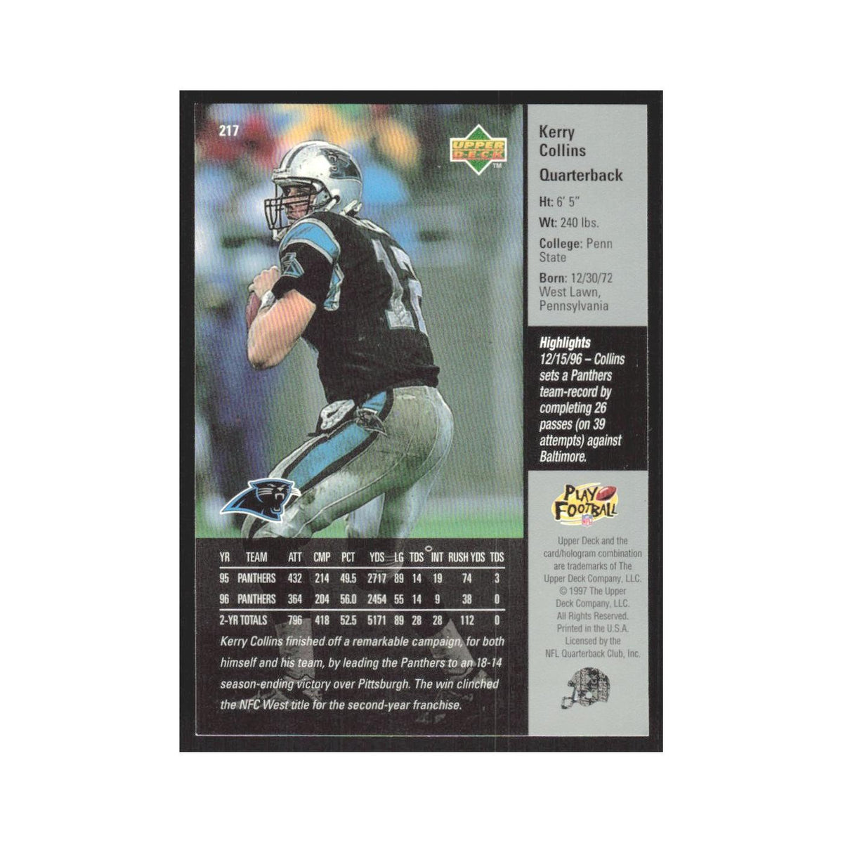 1997 Upper Deck Kerry Collins Panthers #217