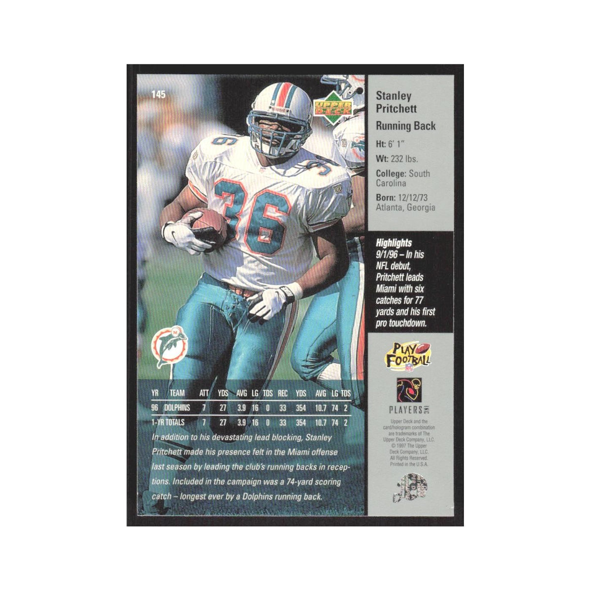 1997 Upper Deck Stanley Pritchett Dolphins #145