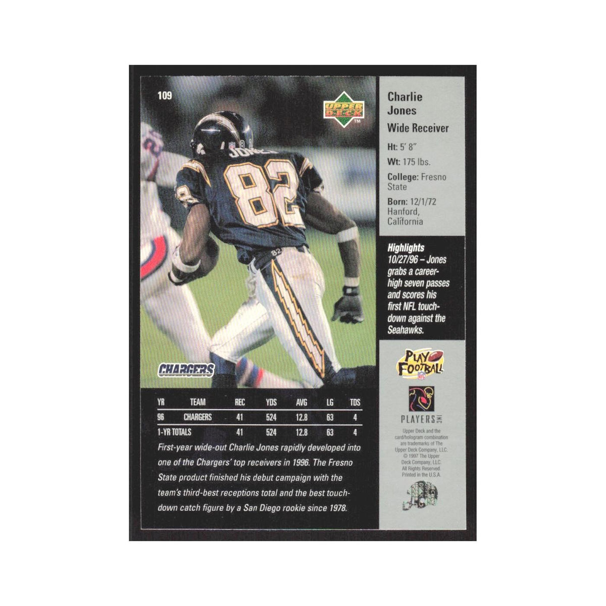 1997 Upper Deck Charlie Jones San Diego Chargers #109