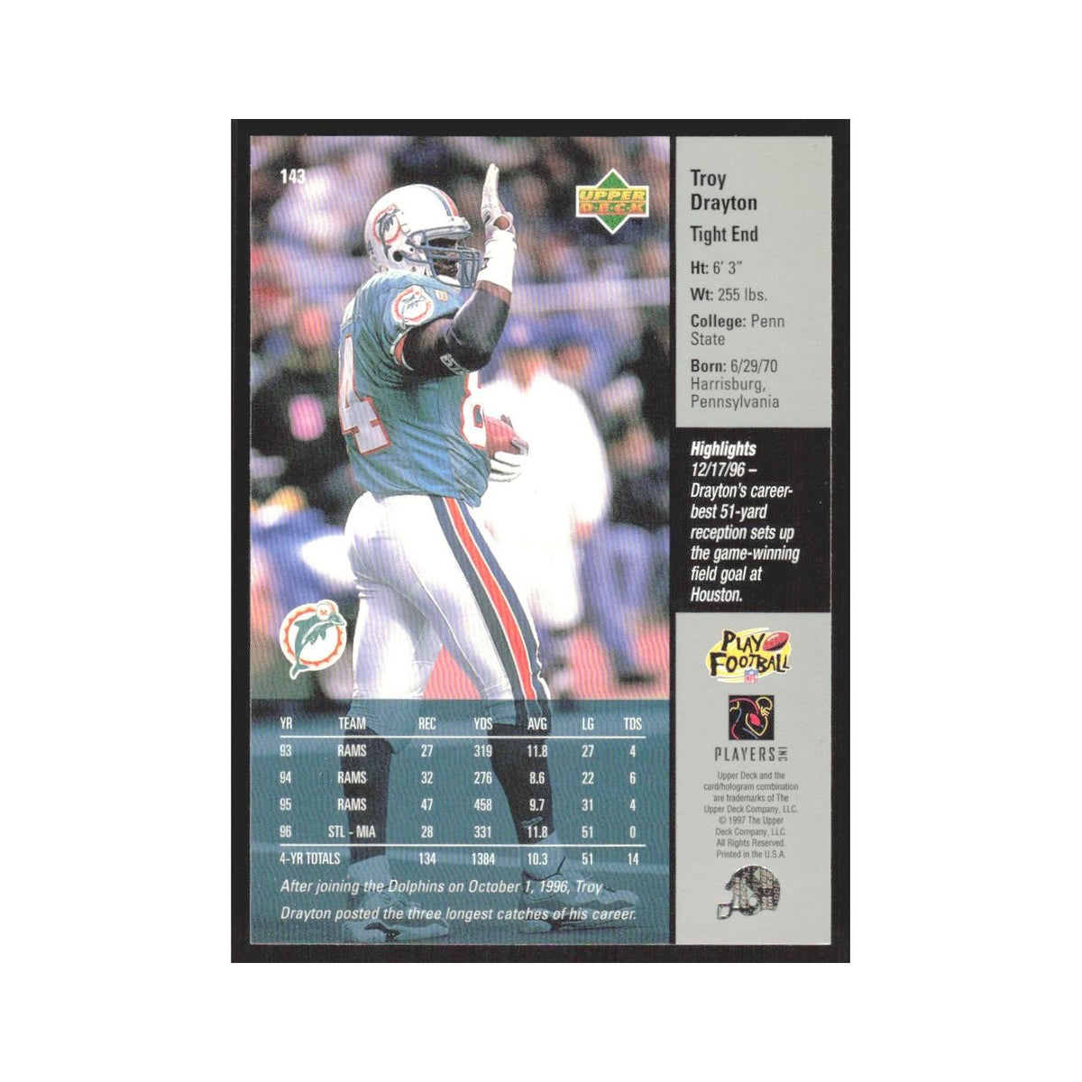 1997 Upper Deck Troy Drayton Dolphins #143