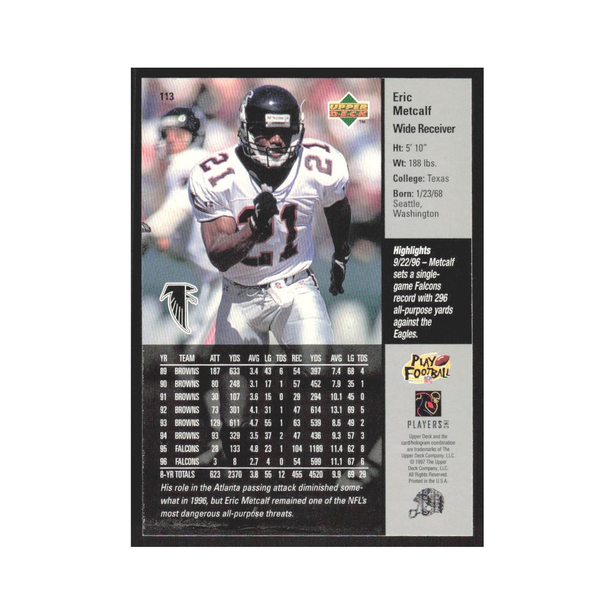 1997 Upper Deck Eric Metcalf San Diego Chargers #113