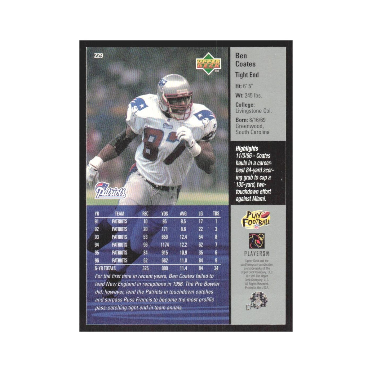 1997 Upper Deck Ben Coates Patriots #229