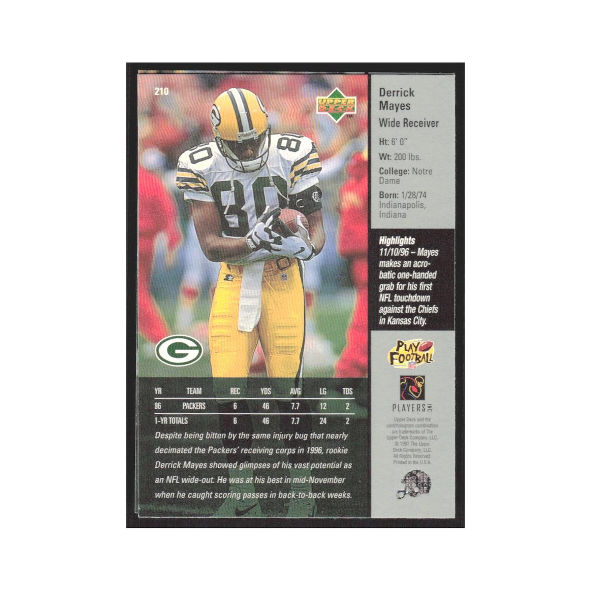 1997 Upper Deck Derrick Mayes Packers #210