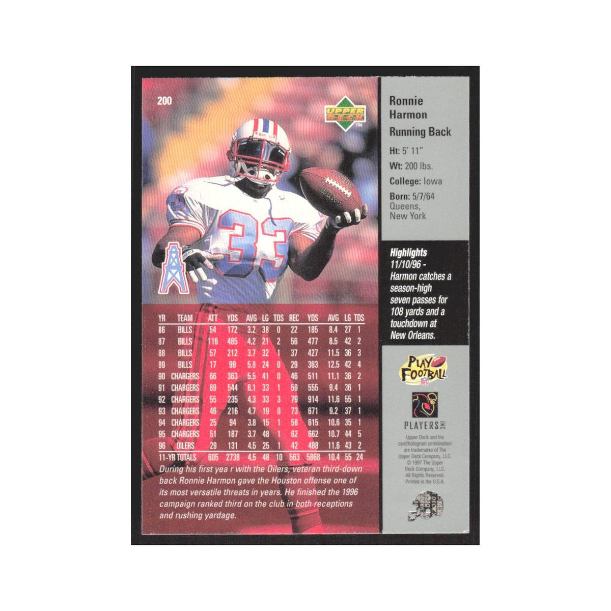 1997 Upper Deck Ronnie Harmon Houston Oilers #200