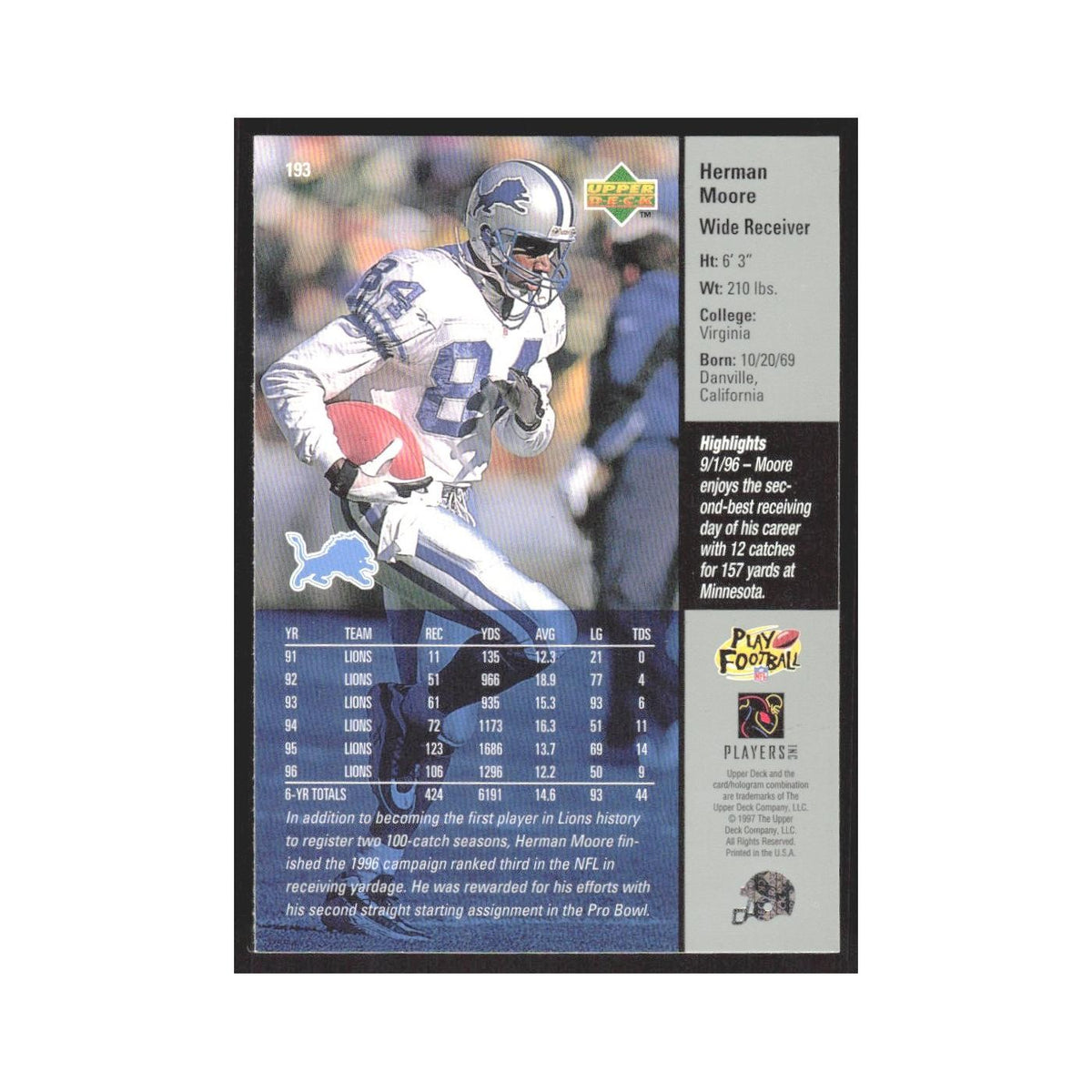 1997 Upper Deck Herman Moore Lions #193