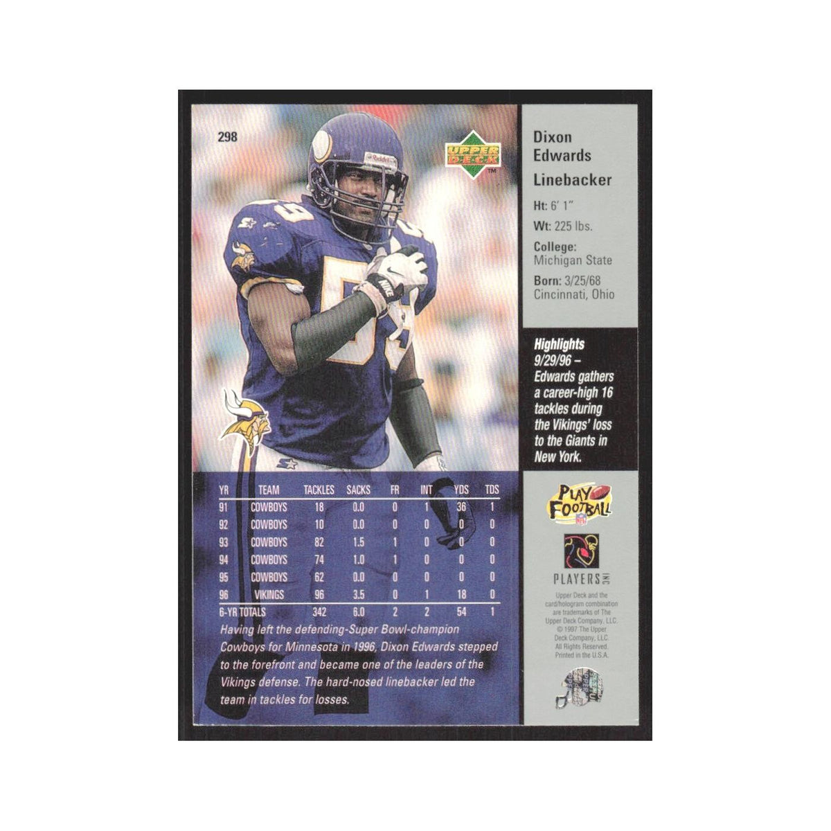 1997 Upper Deck Dixon Edwards Vikings #298