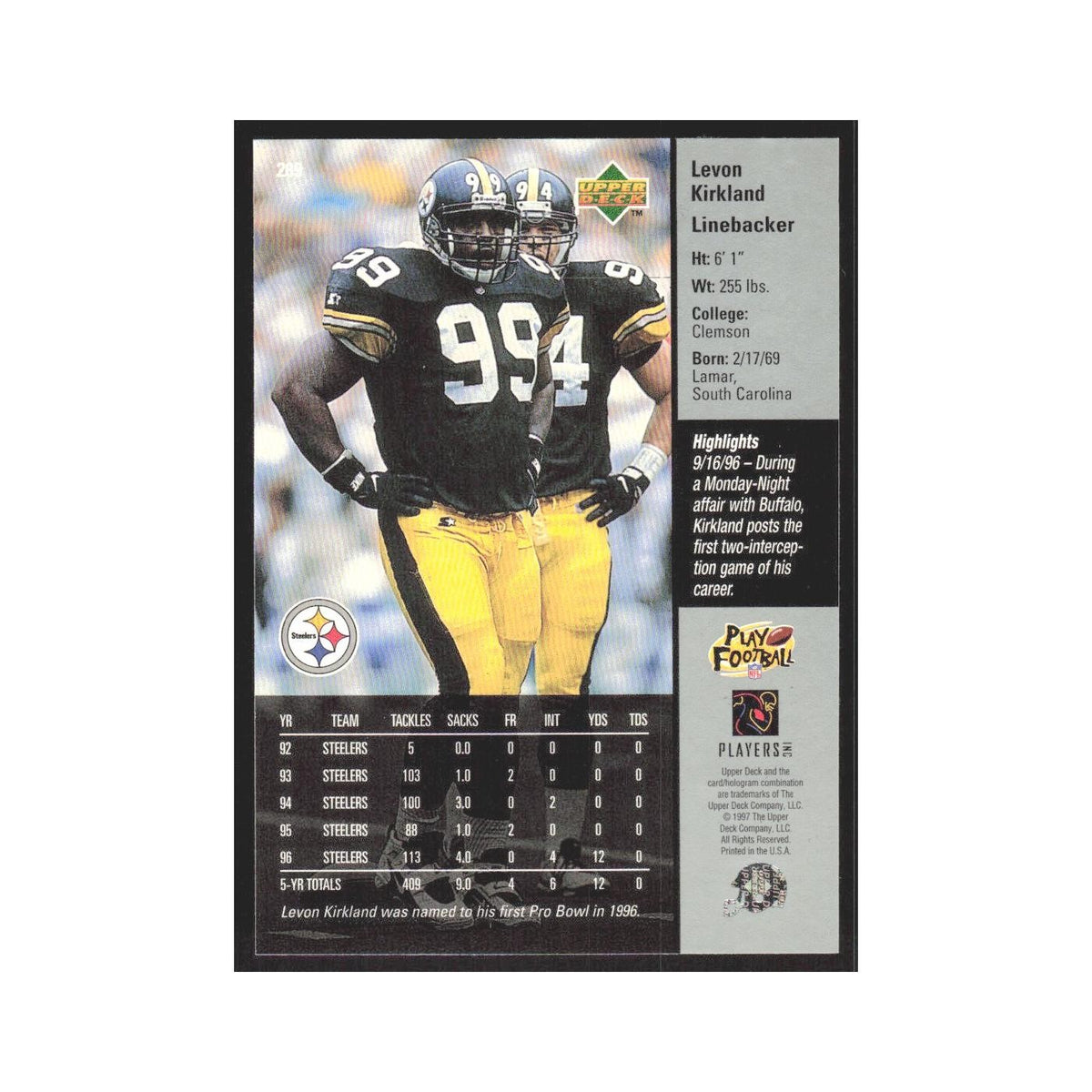 1997 Upper Deck Levon Kirkland Steelers #289