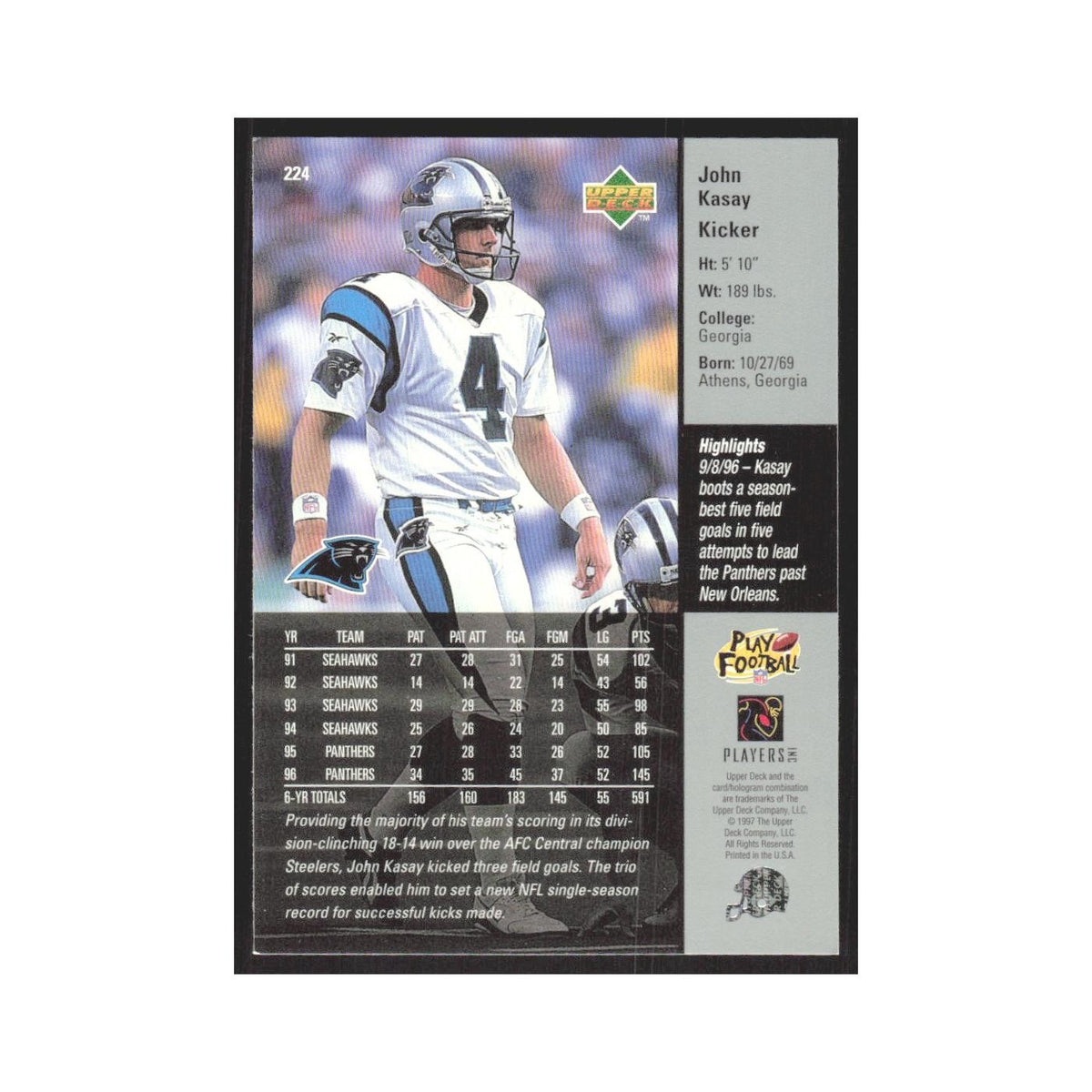 1997 Upper Deck John Kasay Panthers #224