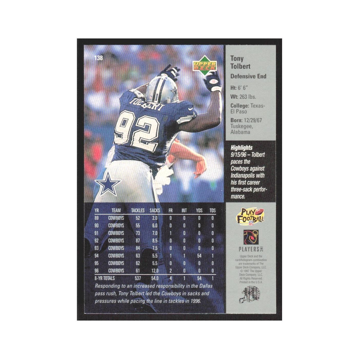 1997 Upper Deck Tony Tolbert Cowboys #138