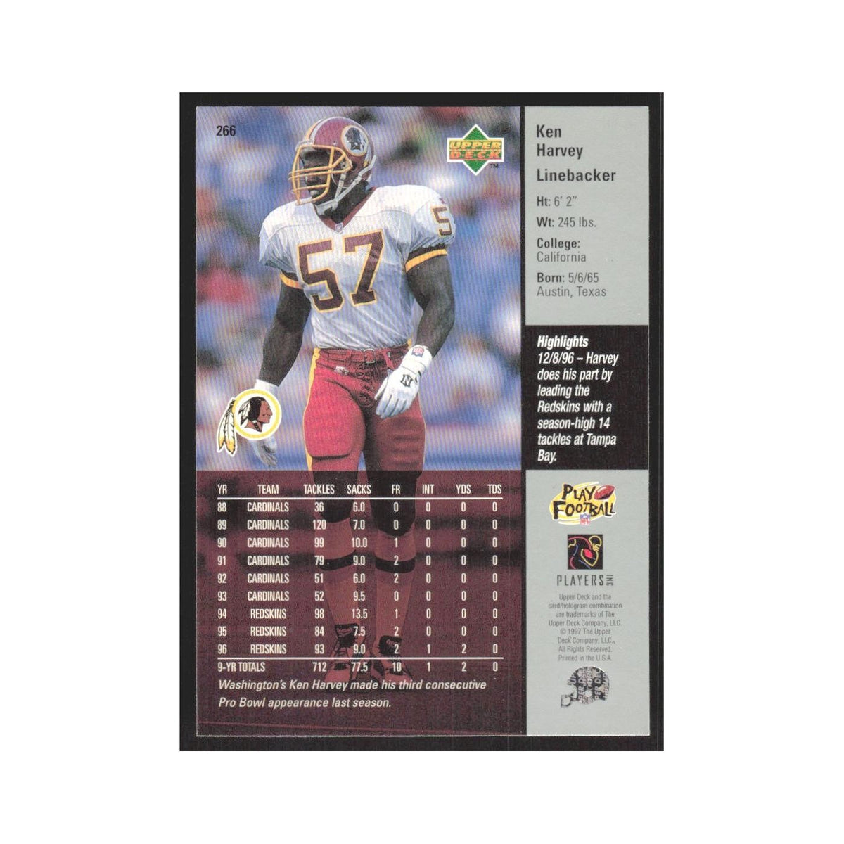 1997 Upper Deck Ken Harvey Redskins #266