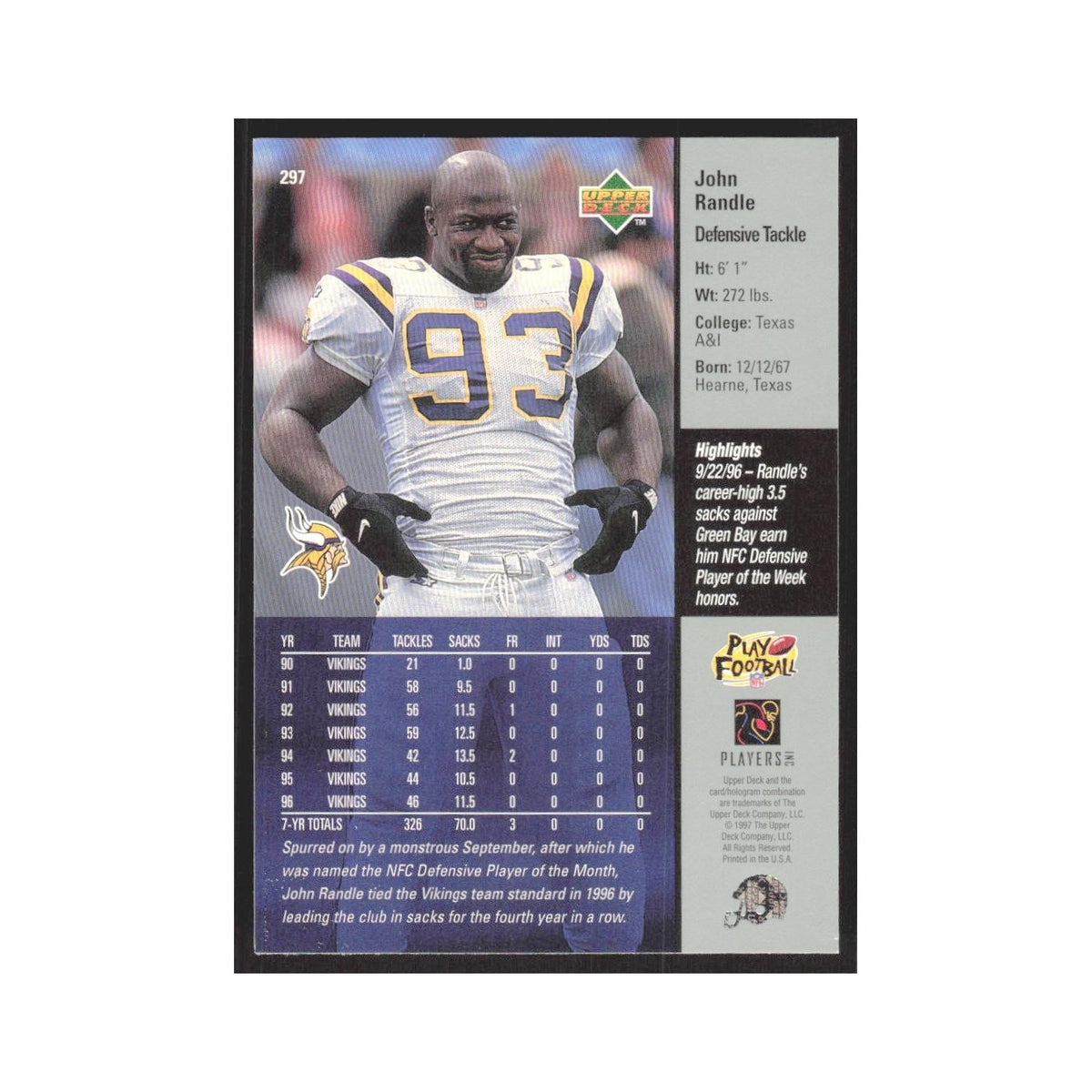 1997 Upper Deck John Randle Vikings #297