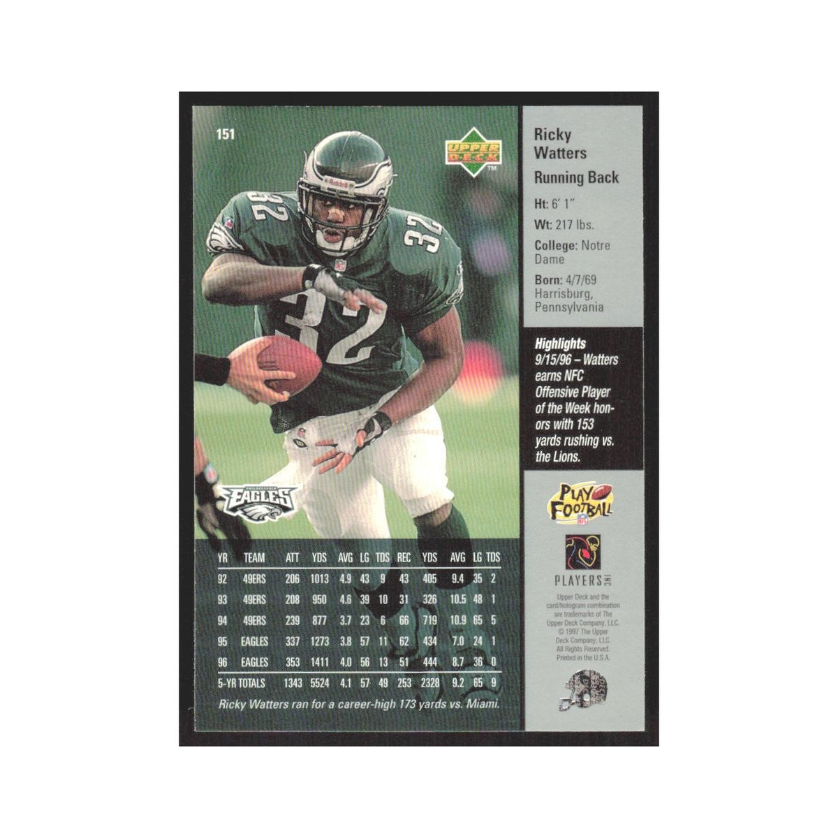 1997 Upper Deck Ricky Watters Eagles #151