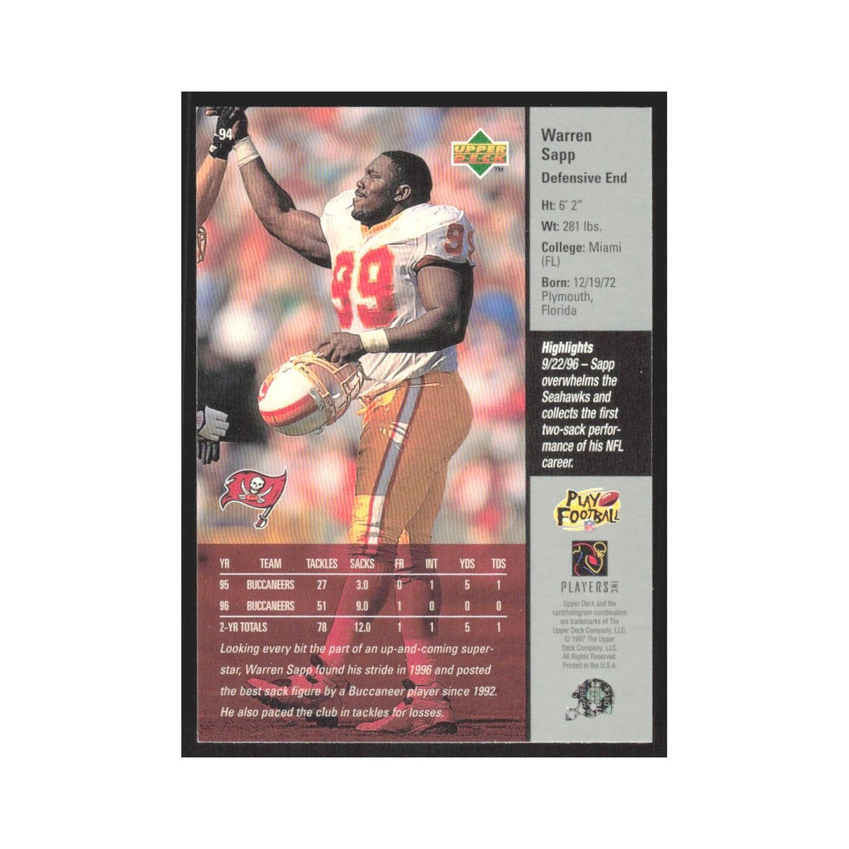 1997 Upper Deck Warren Sapp Buccaneers #94