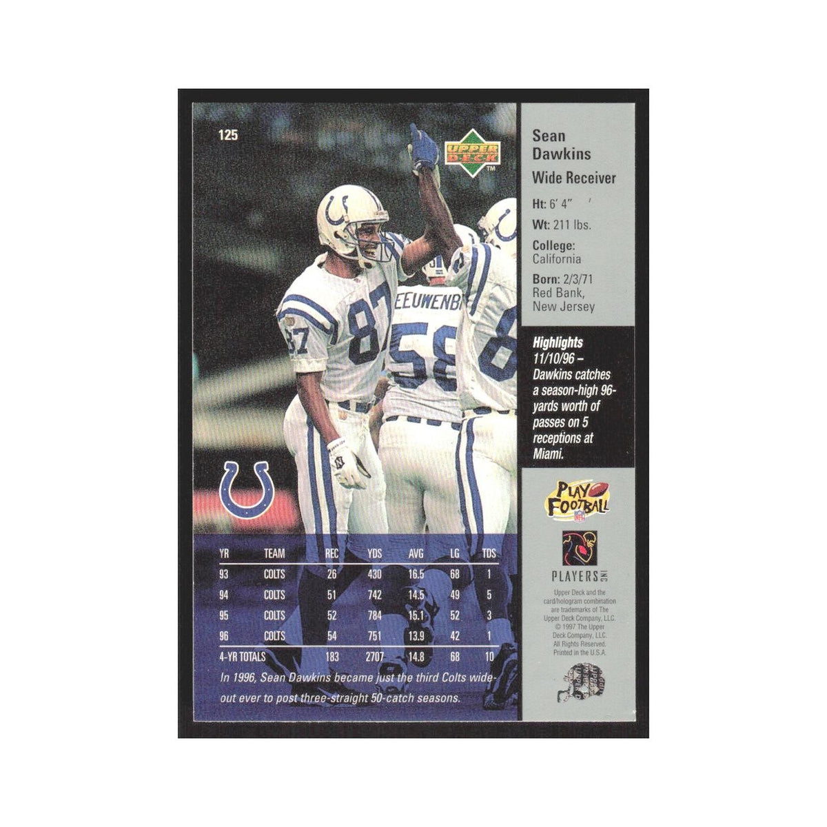 1997 Upper Deck Sean Dawkins Colts #125