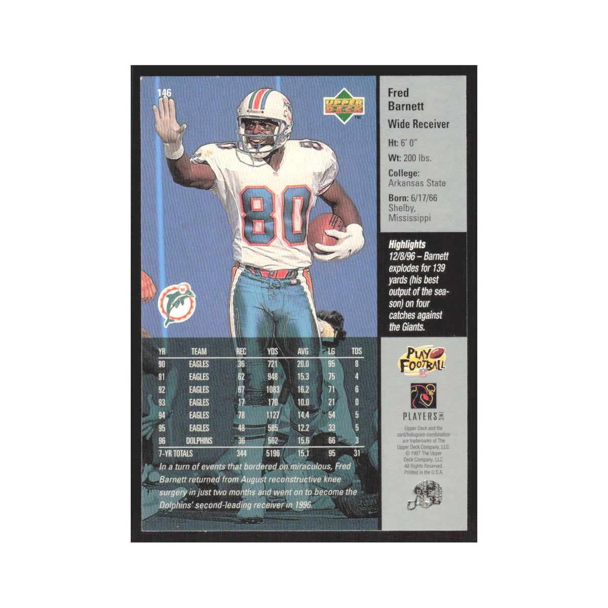 1997 Upper Deck Fred Barnett Dolphins #146