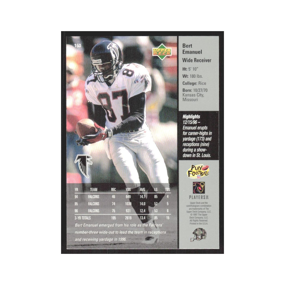 1997 Upper Deck Bert Emanuel Falcons #160