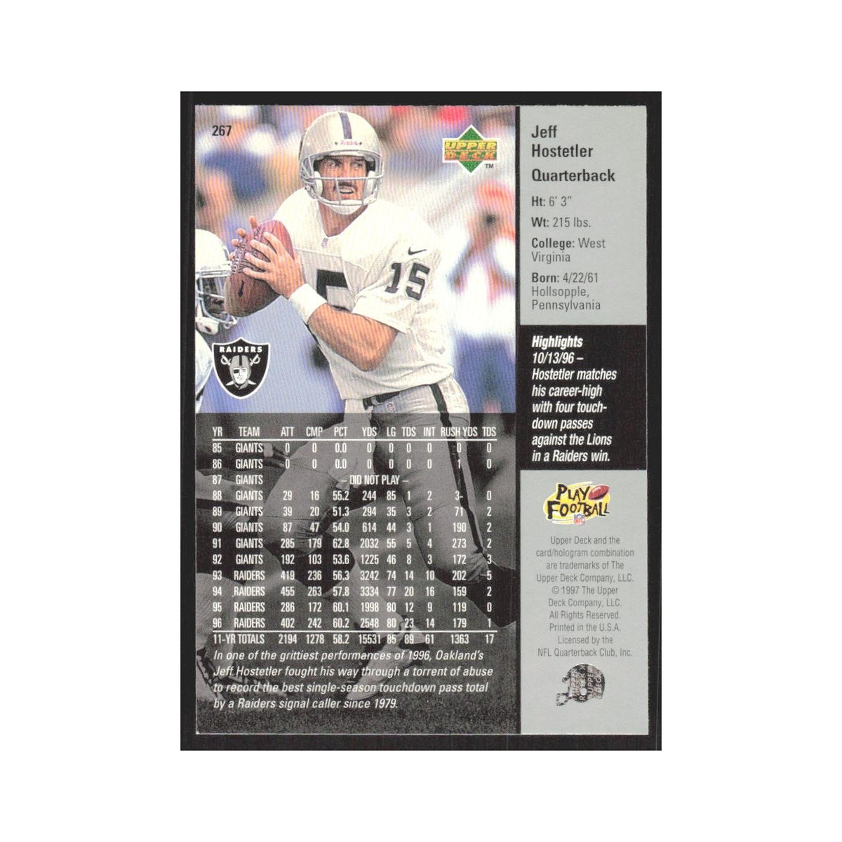 1997 Upper Deck Jeff Hostetler Raiders #267