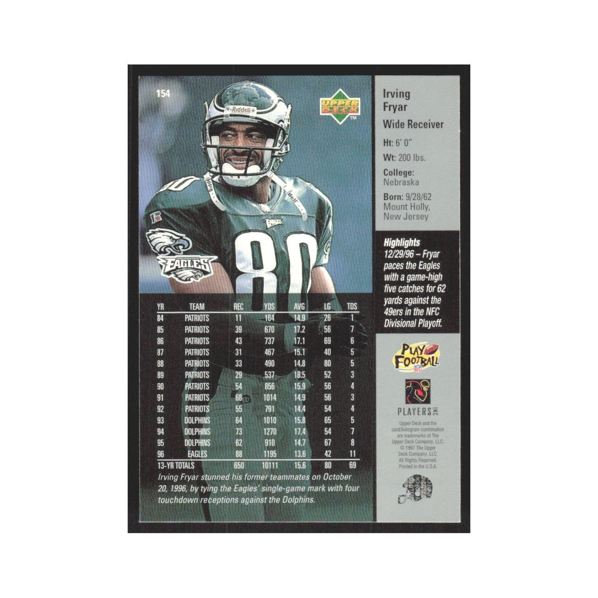 1997 Upper Deck Irving Fryar Eagles #154