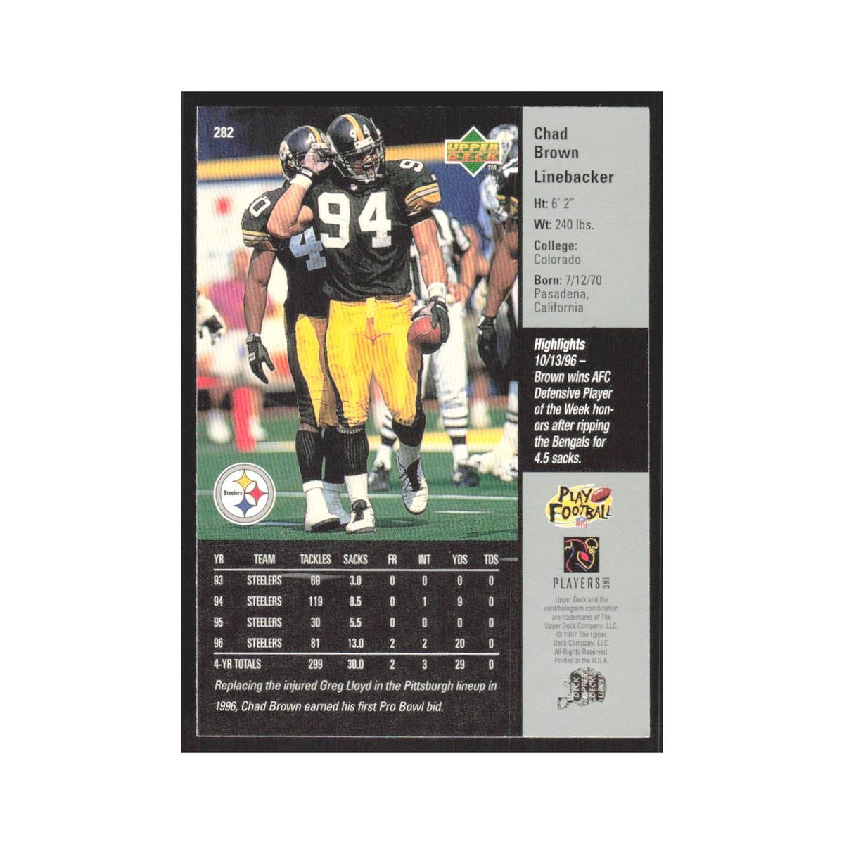 1997 Upper Deck Chad Brown Seahawks #282