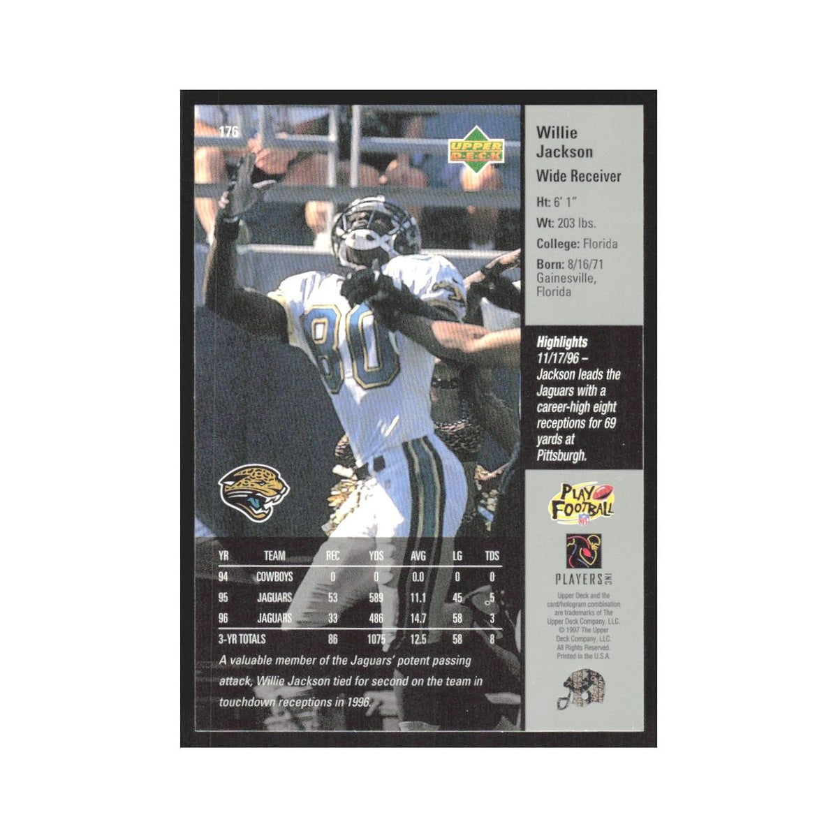 1997 Upper Deck Willie Jackson Jaguars #176
