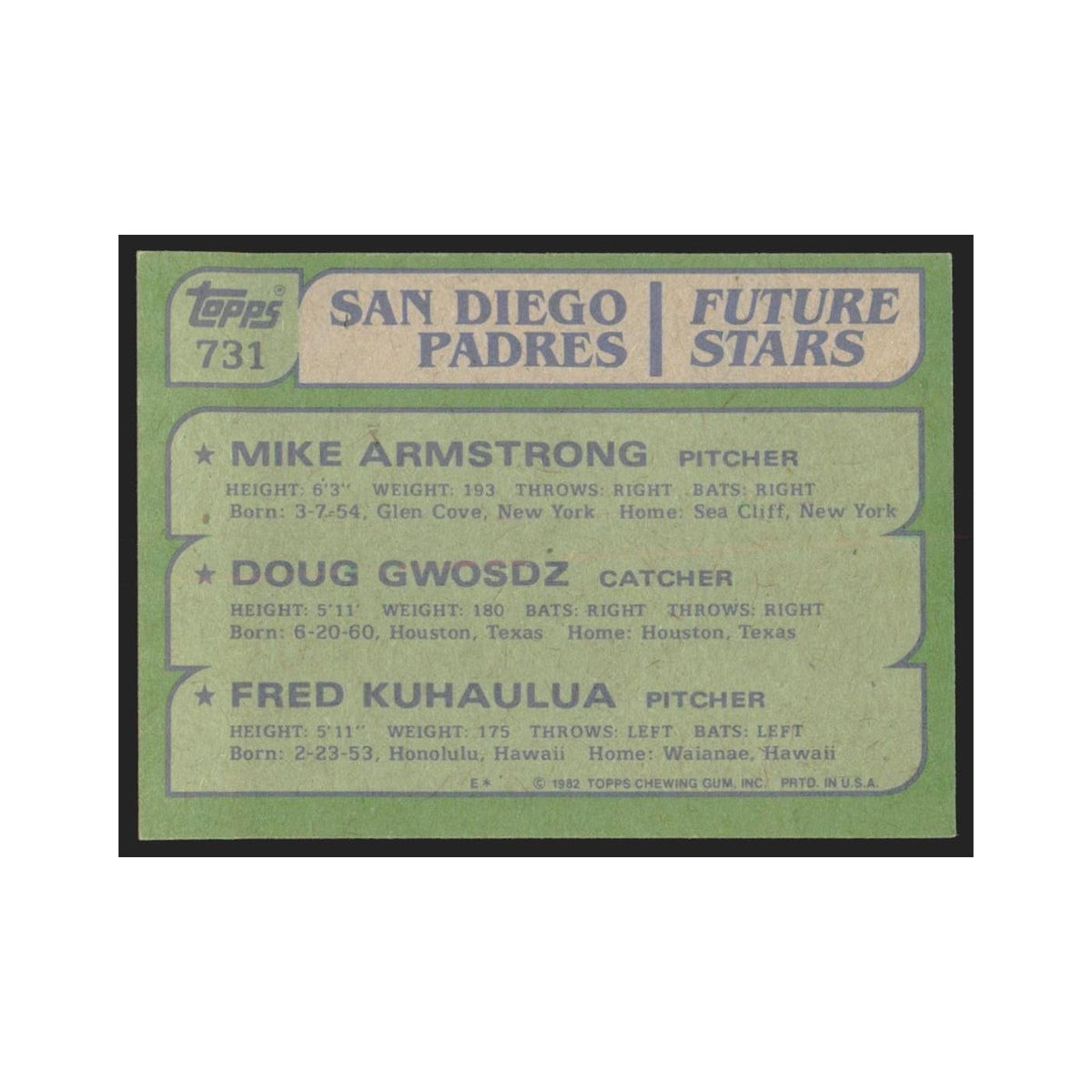 1982 Topps Mike Armstrong/Doug Gwosdz/Fred Kuhaulua Padres #731