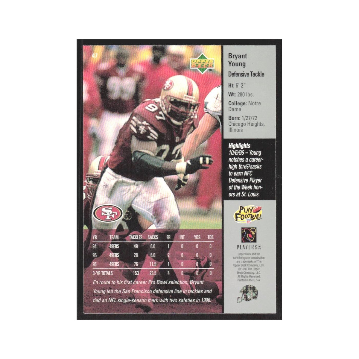 1997 Upper Deck Bryant Young 49ers #47